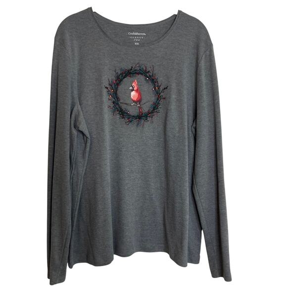Croft & Barrow Womens XXL Gray Long Sleeve Tee Cardinal Wreath Cotton Blend - Picture 1 of 6